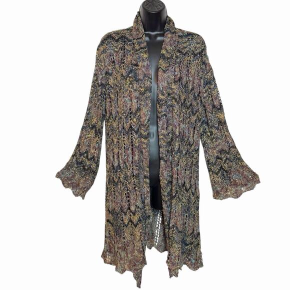 VTG 90s Y2K BOHO CARDIGAN SWEATER CHEVRON KNIT COTTAGE FAIRY BALL OF COTTON L - Picture 1 of 5